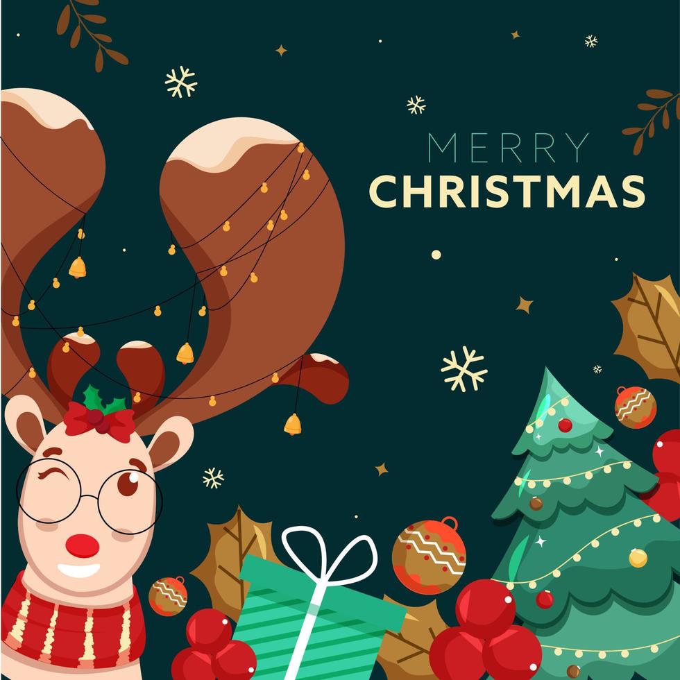 Merry Christmas Poster Design with Cartoon Reindeer Face, Baubles, Holly Berries and Decorative Xmas Tree on Dark Green Background. vector