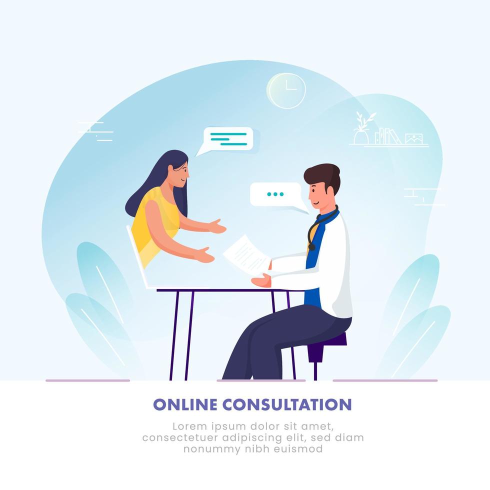 ilustración de mujer teniendo en línea consulta a médico en ordenador portátil en azul y blanco antecedentes. vector