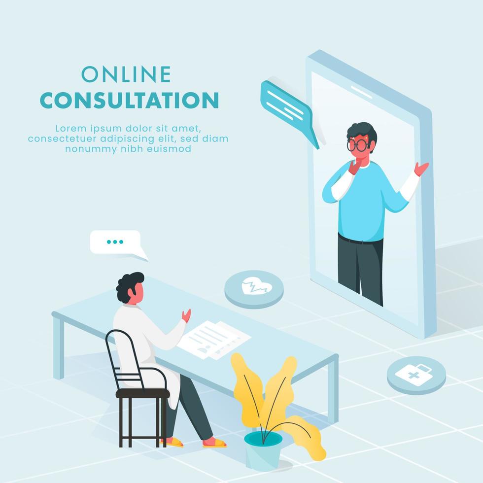 Patient Man Having Online Consultation From Doctor In 3D Smartphone On Light Blue Background. vector