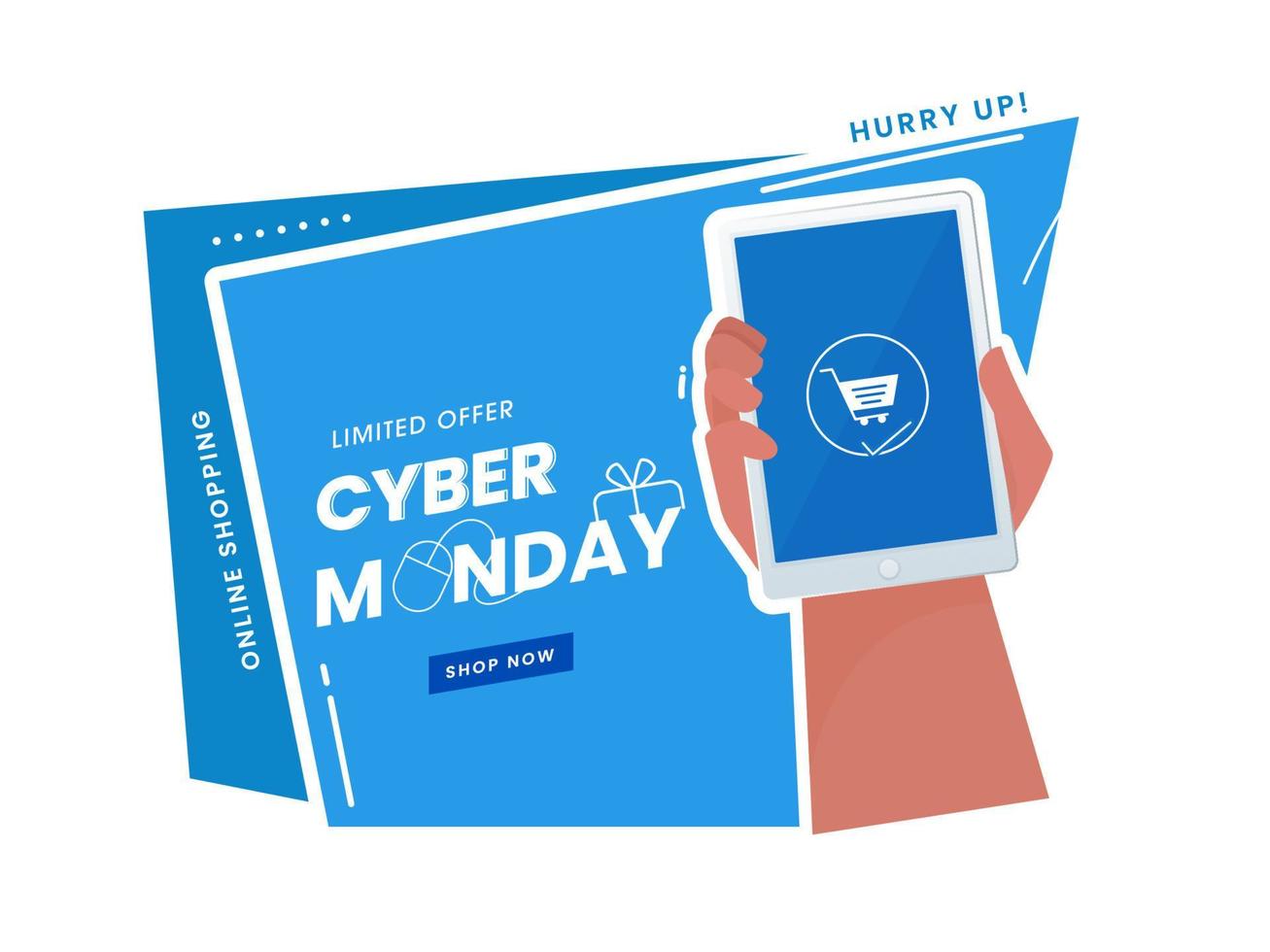 Cyber Monday Poster Design with Hand Holding Smartphone on Blue and White Background for Online Shopping. vector