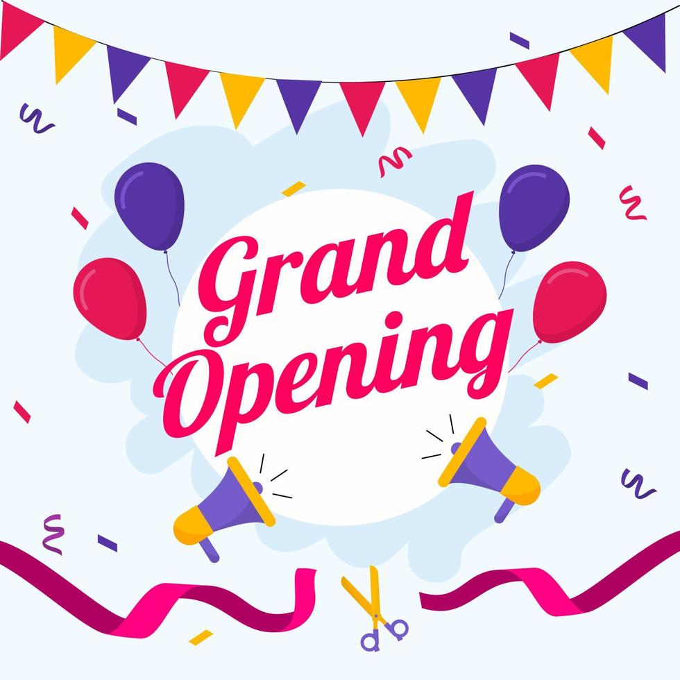 Grand Opening Font with Loudspeakers, Balloons and Ribbon Cutting Scissor on Pastel Blue Background. vector