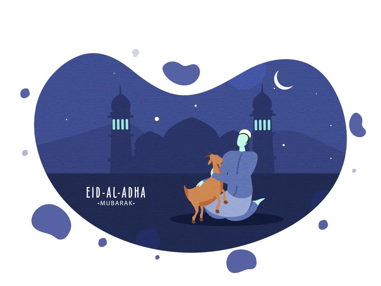 Illustration of Cartoon Muslim Man holding a Goat with Silhouette Mosque and Crescent Moon on Abstract Background for Eid-Al-Adha Mubarak. vector