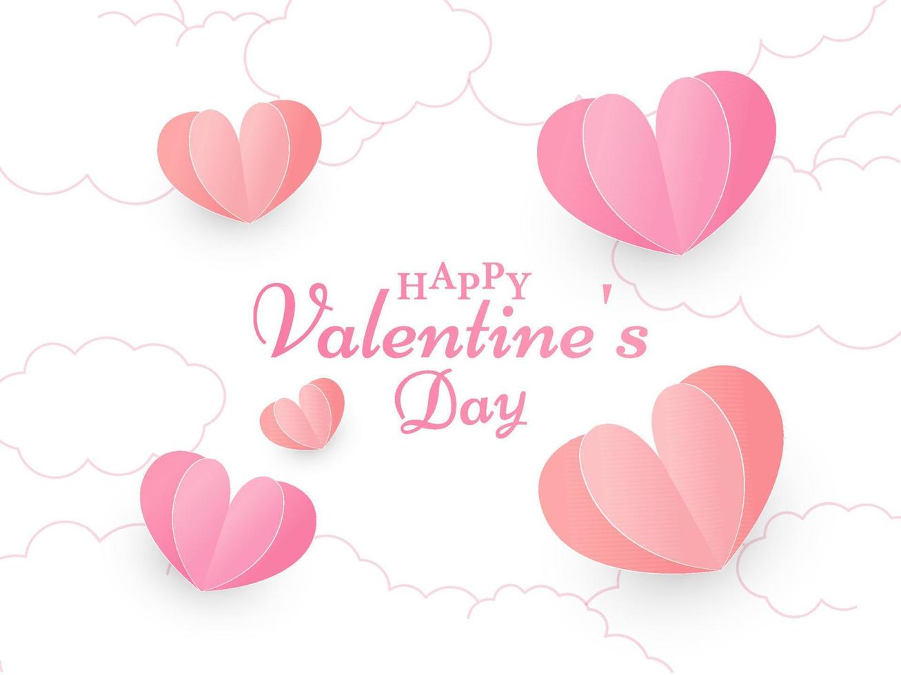 Calligraphy Happy Valentine's Day Text on White Cloud Background Decorated with Red and Pink Paper Cut Hearts. vector