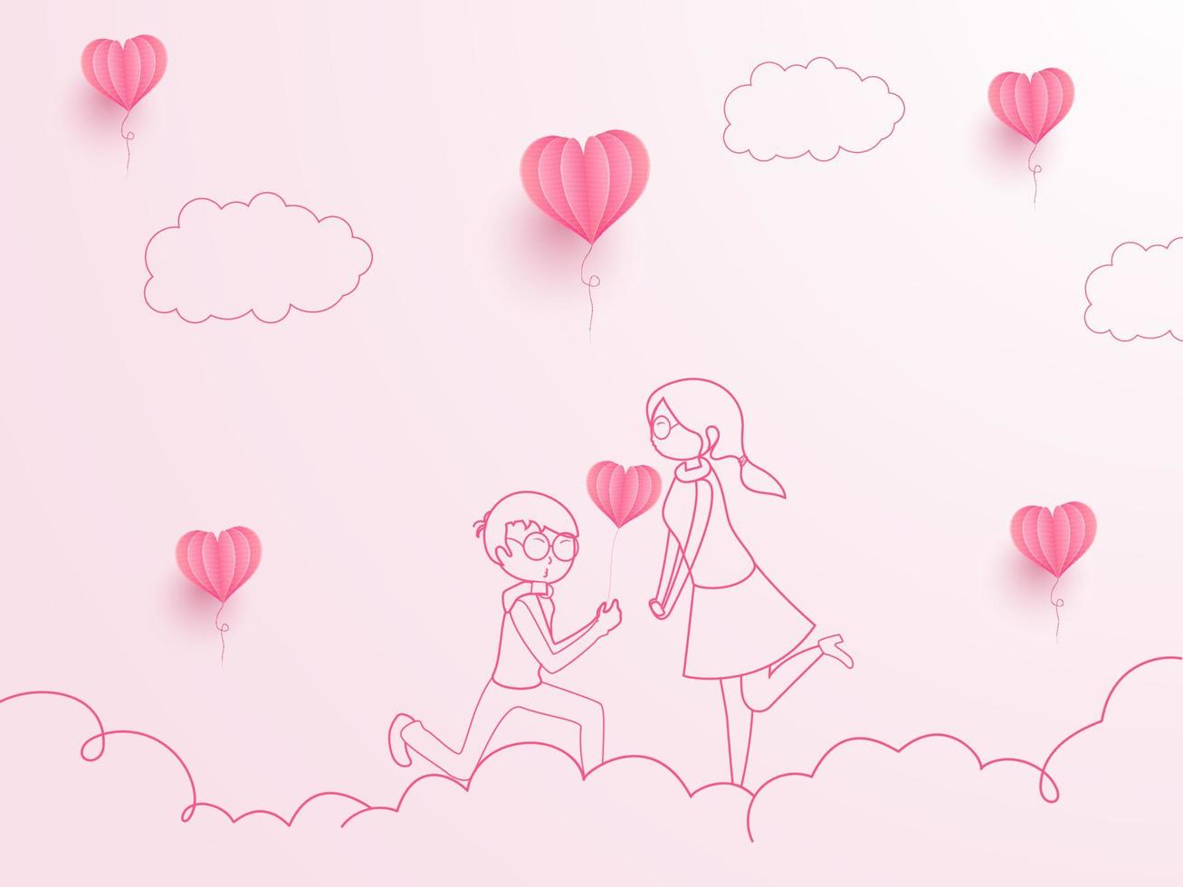 línea Arte ilustración de chico proponiendo a su Novia en rosado nube antecedentes decorado con papel cortar corazones. vector