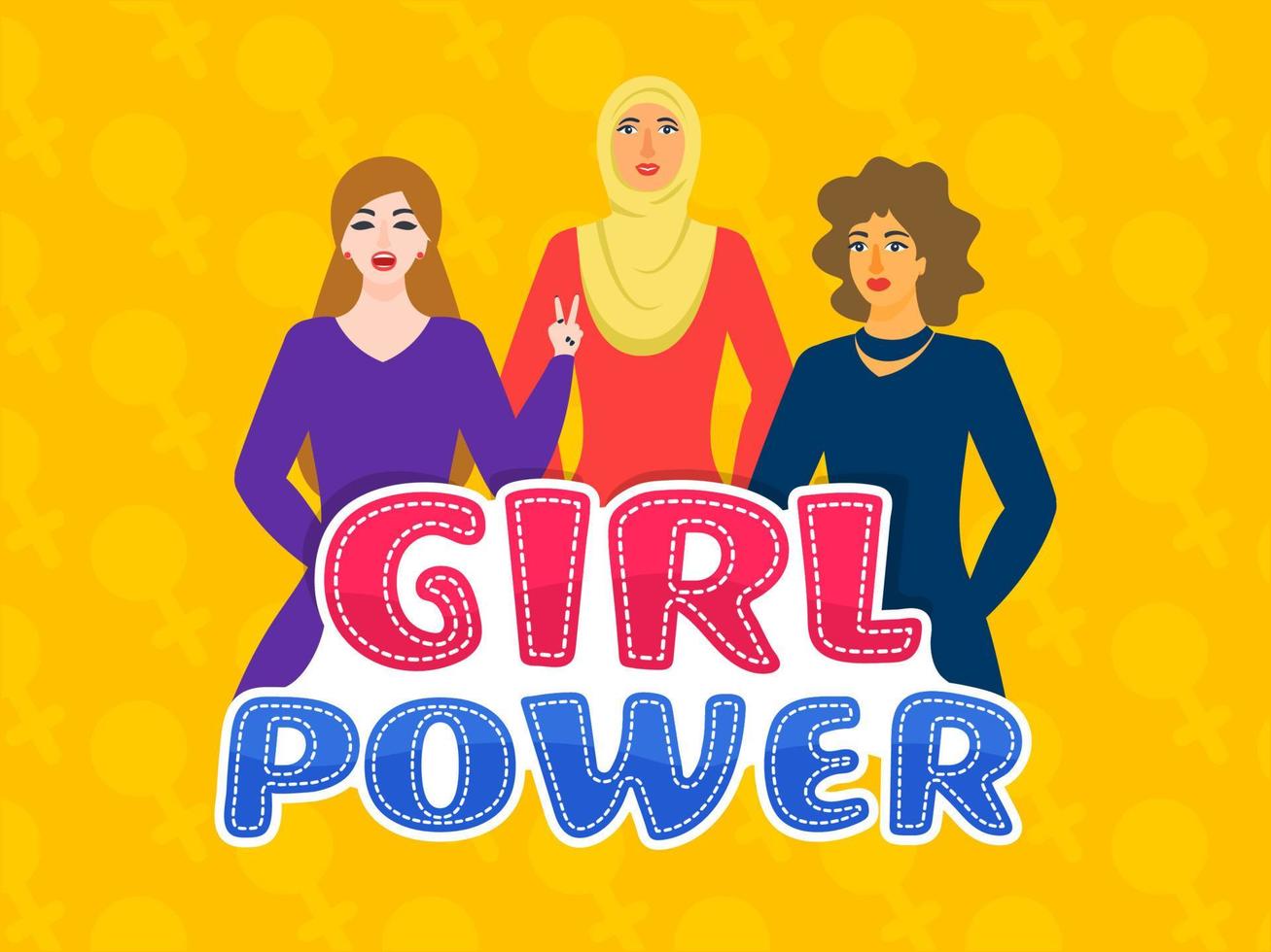 Sticker Style Girl Power Text with Different Religion Female Group on Yellow Venus Sign Pattern Background. vector