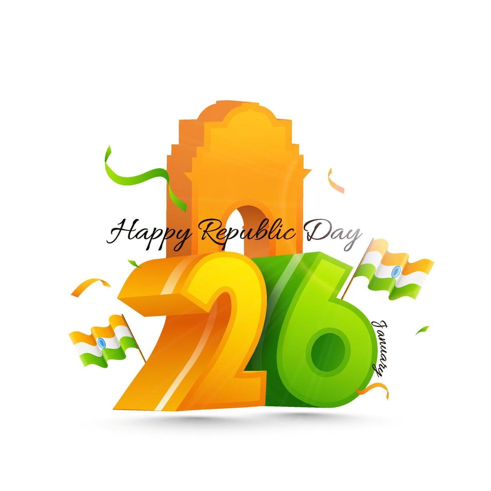 3D 26 Number Of January With India Gate Monument And Indian Flags On White Background. vector