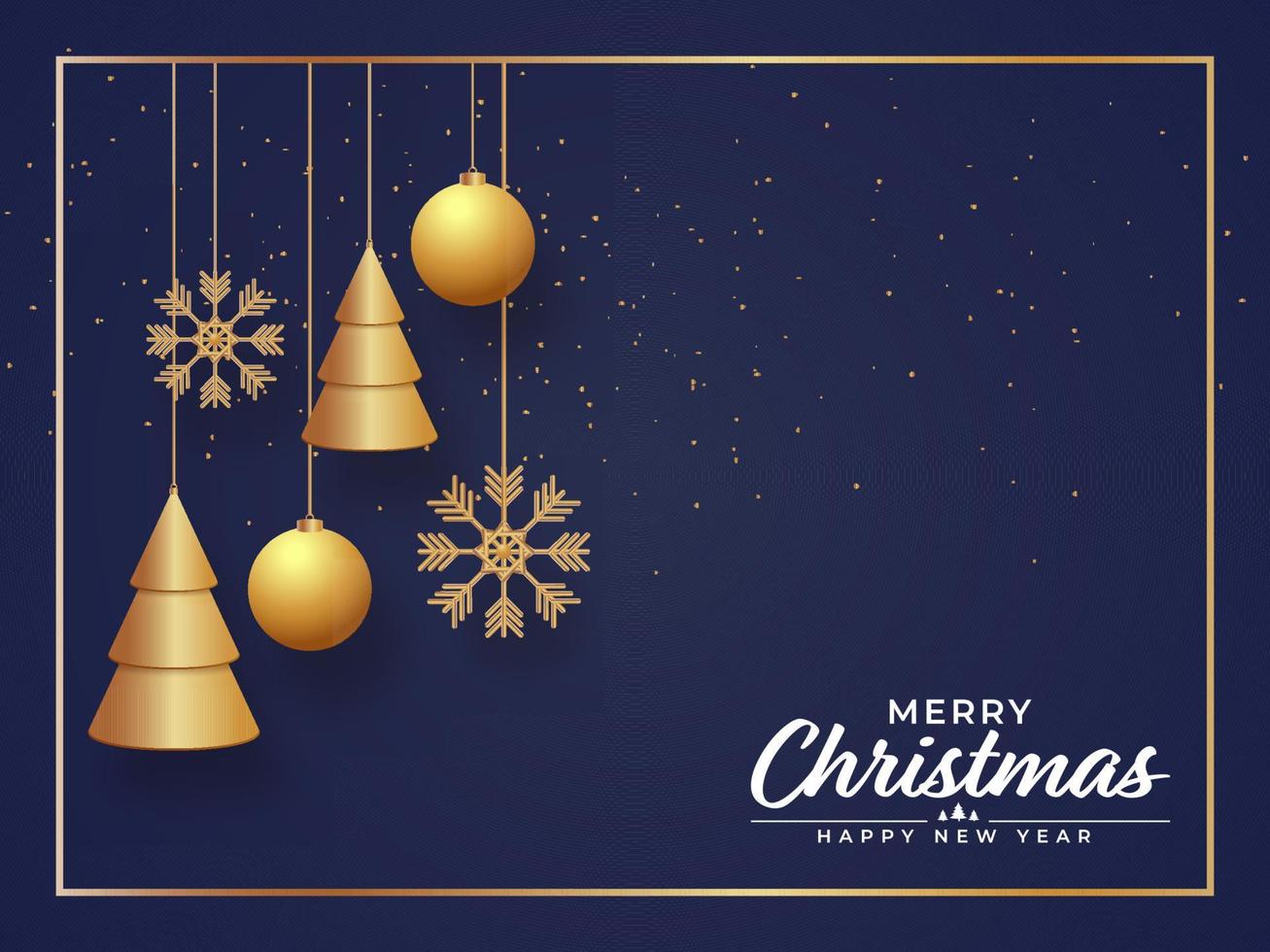 3D Golden Xmas Trees with Hanging Baubles, Snowflakes and Confetti Decorated on Blue Background for Merry Christmas Happy New Year. vector