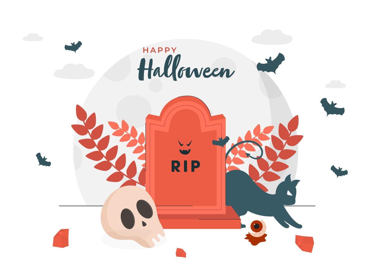 Illustration Of RIP Stone with Scary Cat, Skull, Leaves and Bats Flying on White Background for Happy Halloween Celebration. vector