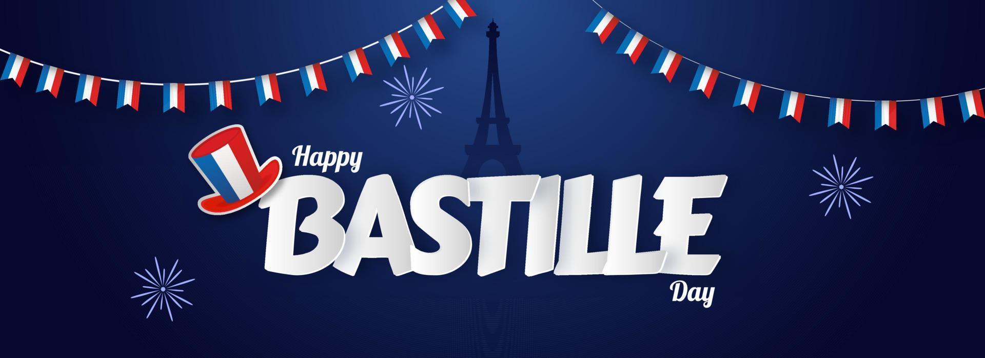 papel cortar contento Bastille día texto con Francia bandera color parte superior sombrero, silueta eiffel torre y verderón banderas en azul antecedentes. vector