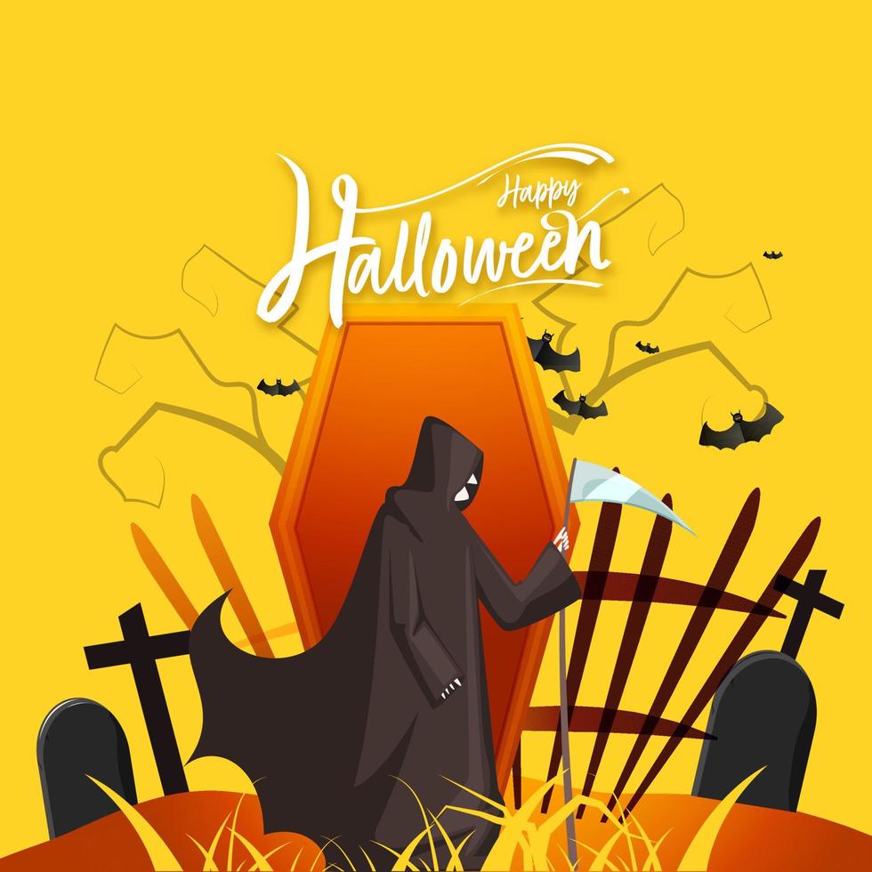 Illustration of Grim Reaper Holding Scythe with Coffin Box, Flying Bats and Graveyard on Yellow Background for Happy Halloween Celebration. vector