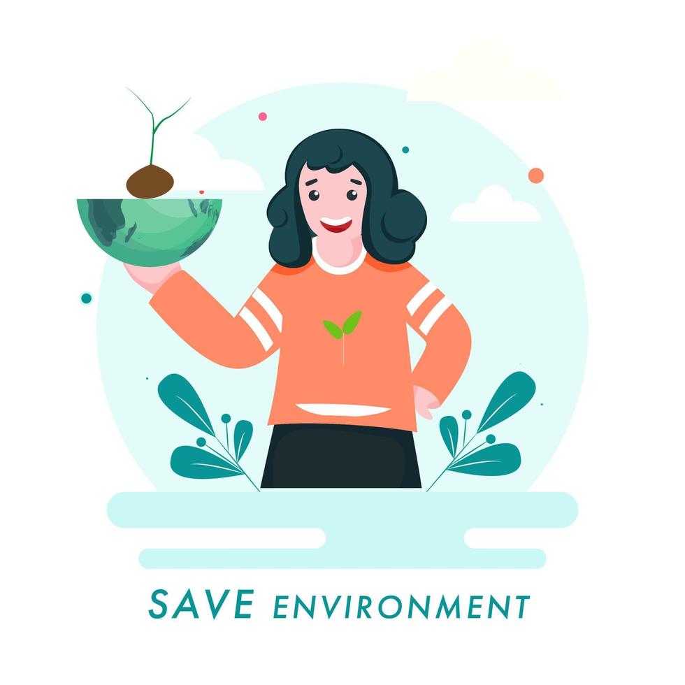 Illustration of Happiness Girl Holding Half Globe with Plant for Save Environment Concept. vector