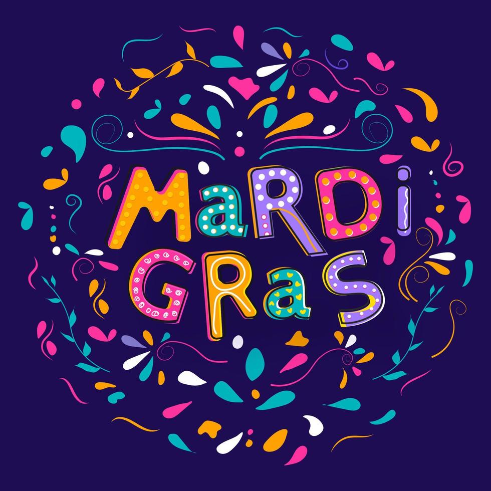 Creative Stylish Mardi Gras Text Decorated with Colorful Arc Drops on Purple Background. vector