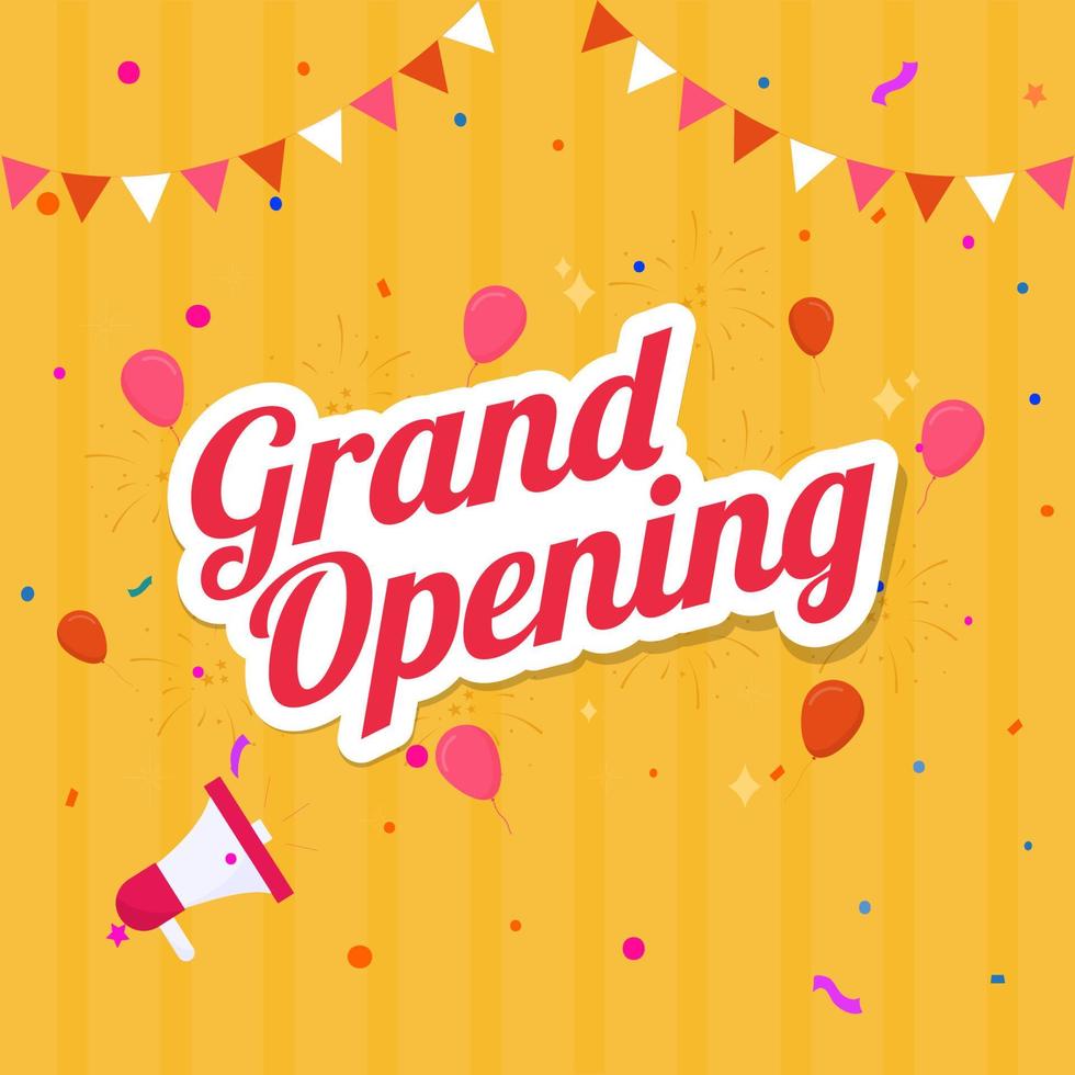 Sticker Style Grand Opening Font with Loudspeaker, Balloons, Confetti and Bunting Flags Decorated on Yellow Strip Background. vector