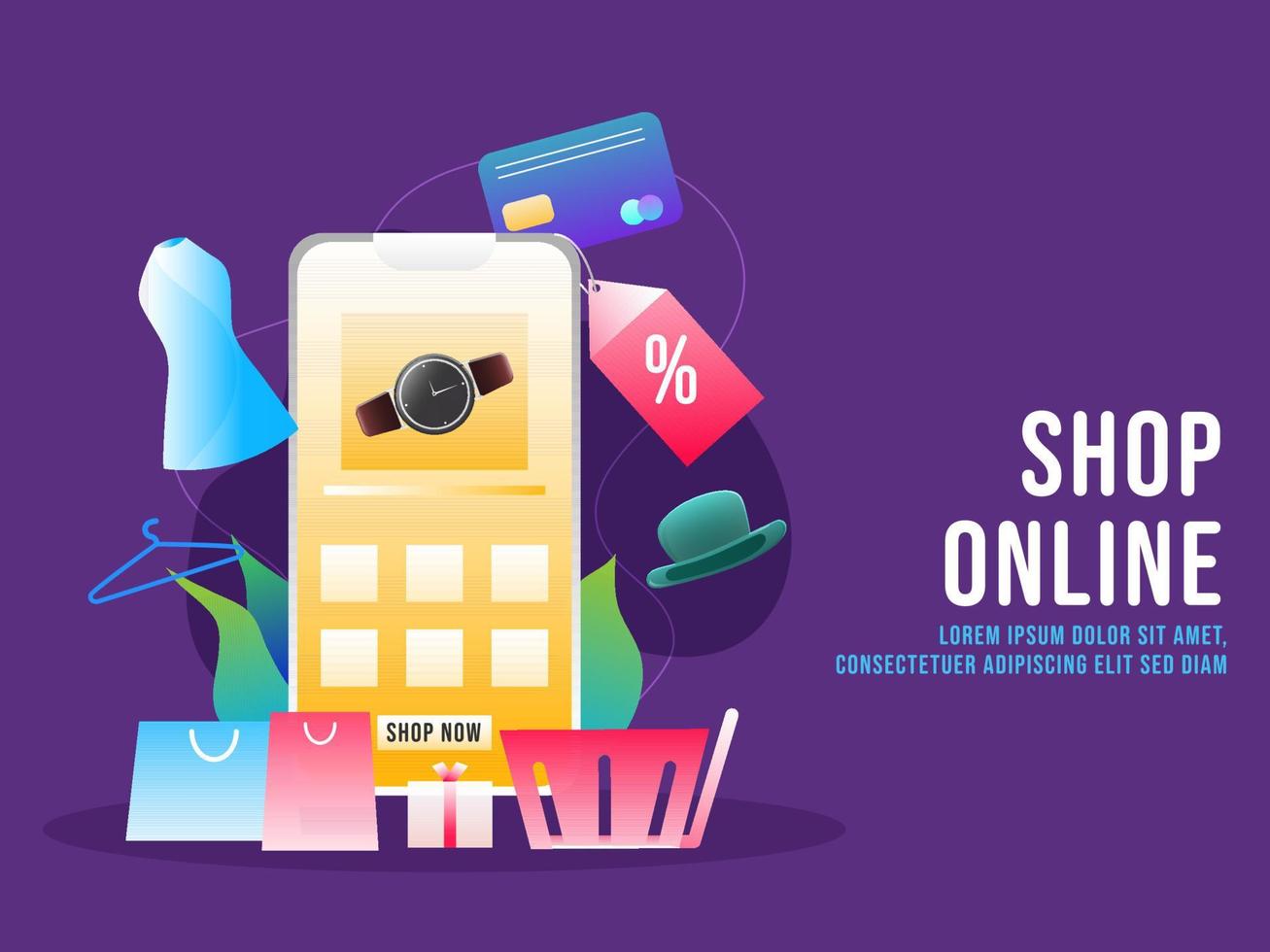 Online Shopping from Realistic Smartphone with Discount Tag, Carrying Bags and Payment Card on Purple Background. vector