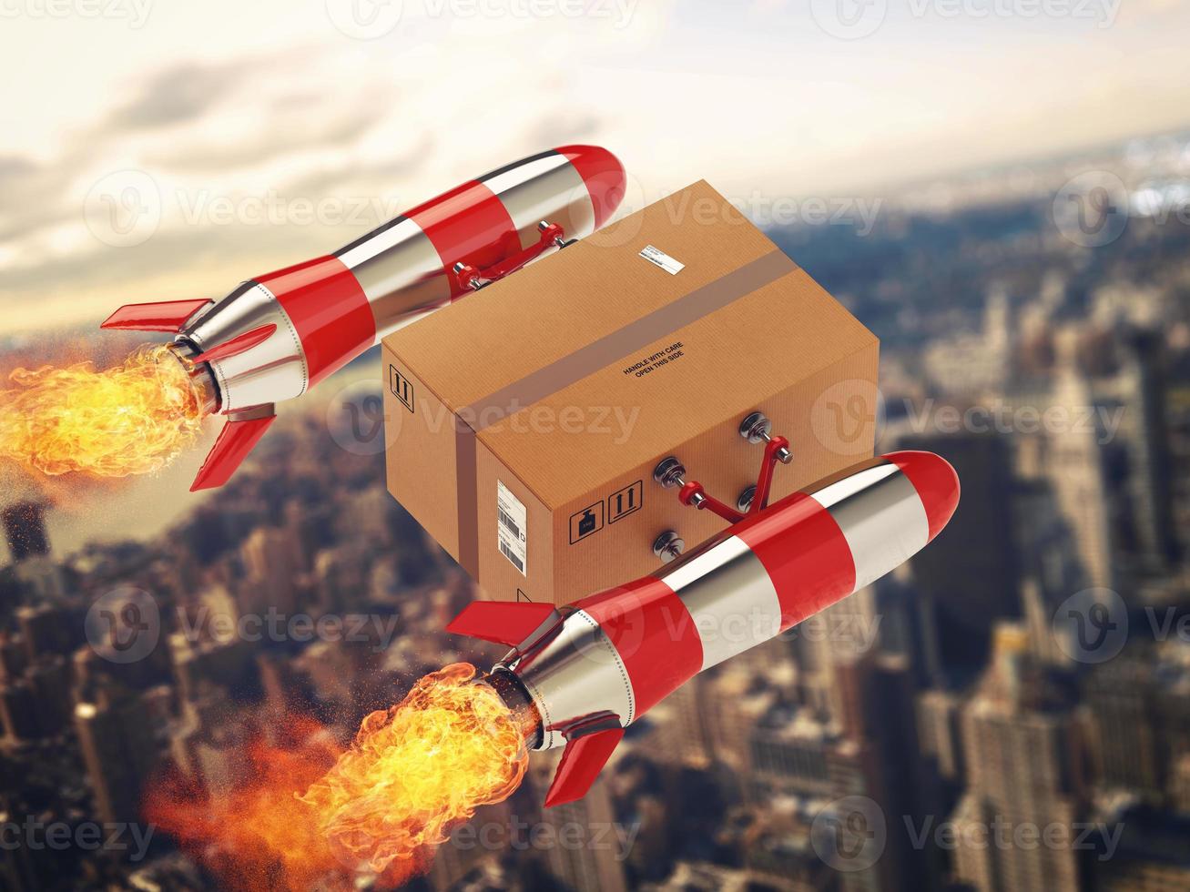 Fast delivery of package by turbo rocket. 3D Rendering photo