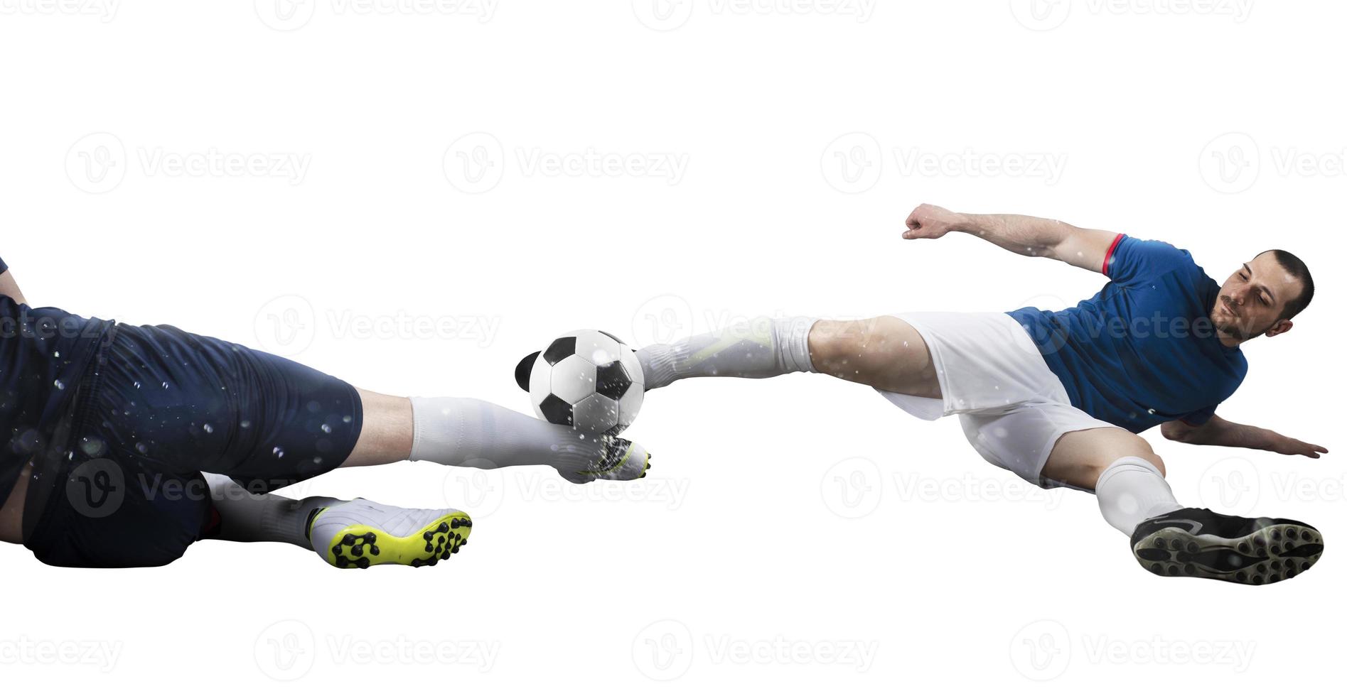 Football scene with competing football players at the stadium. Isolated on white background photo