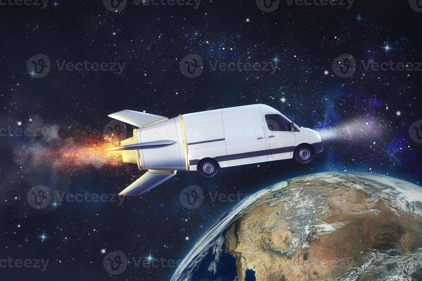 Super fast delivery of package service with flying van like a rocket. Earth provided by NASA photo