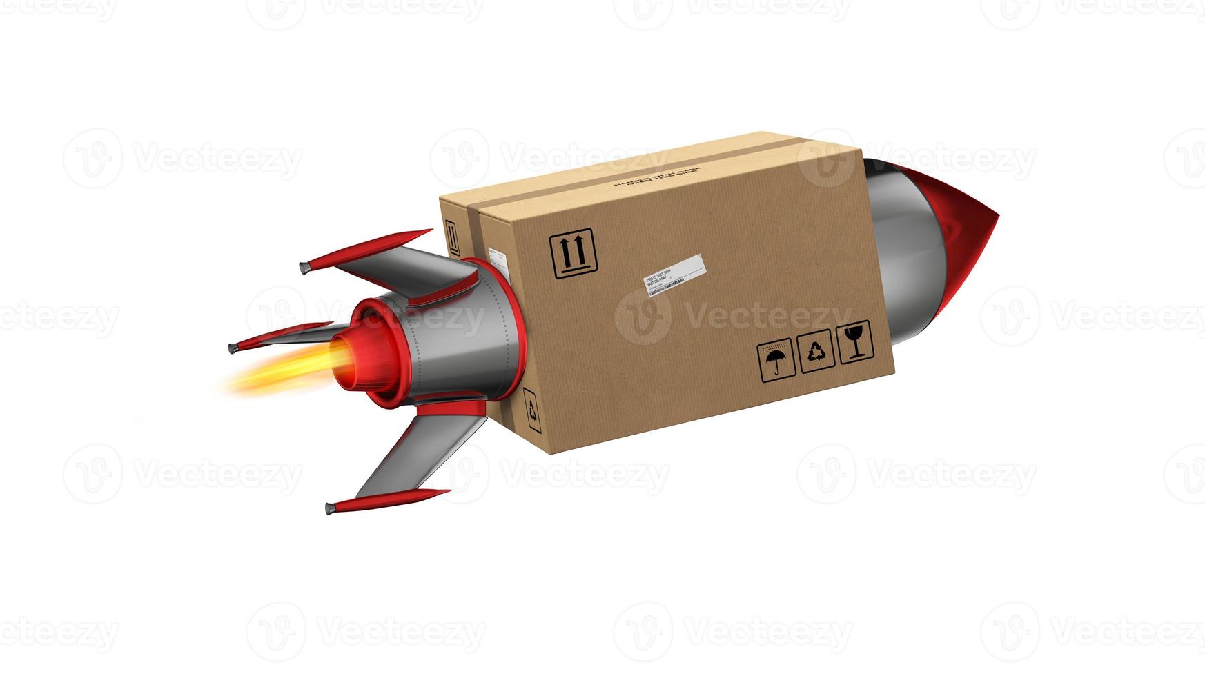 Carton box flies fast with rocket. concept of express and priority deliverys. 3d render photo