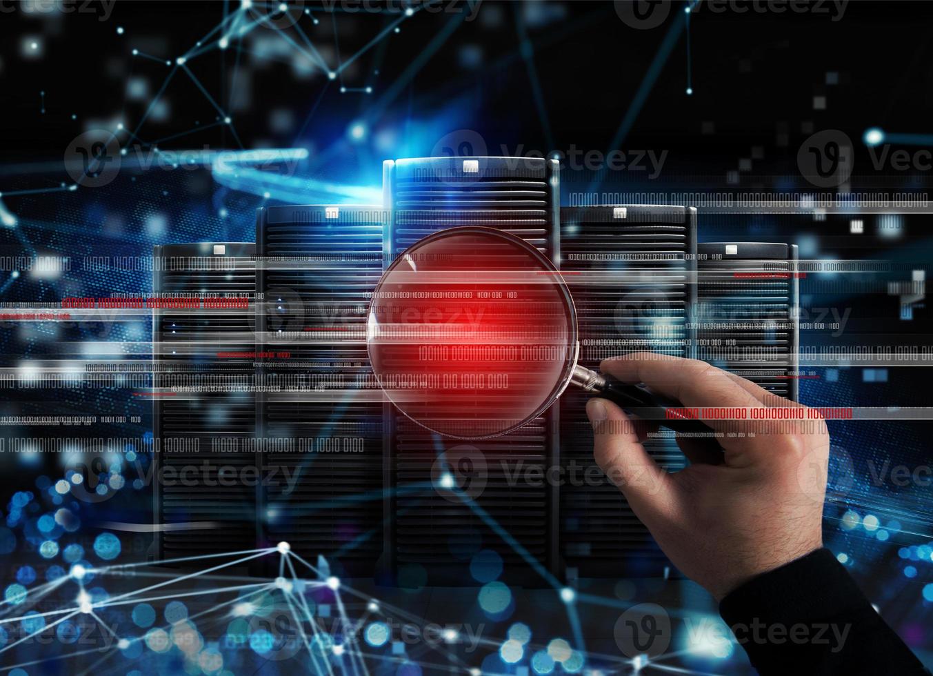 Hacker with magnifier lens try to read illegally protected information stored on server photo