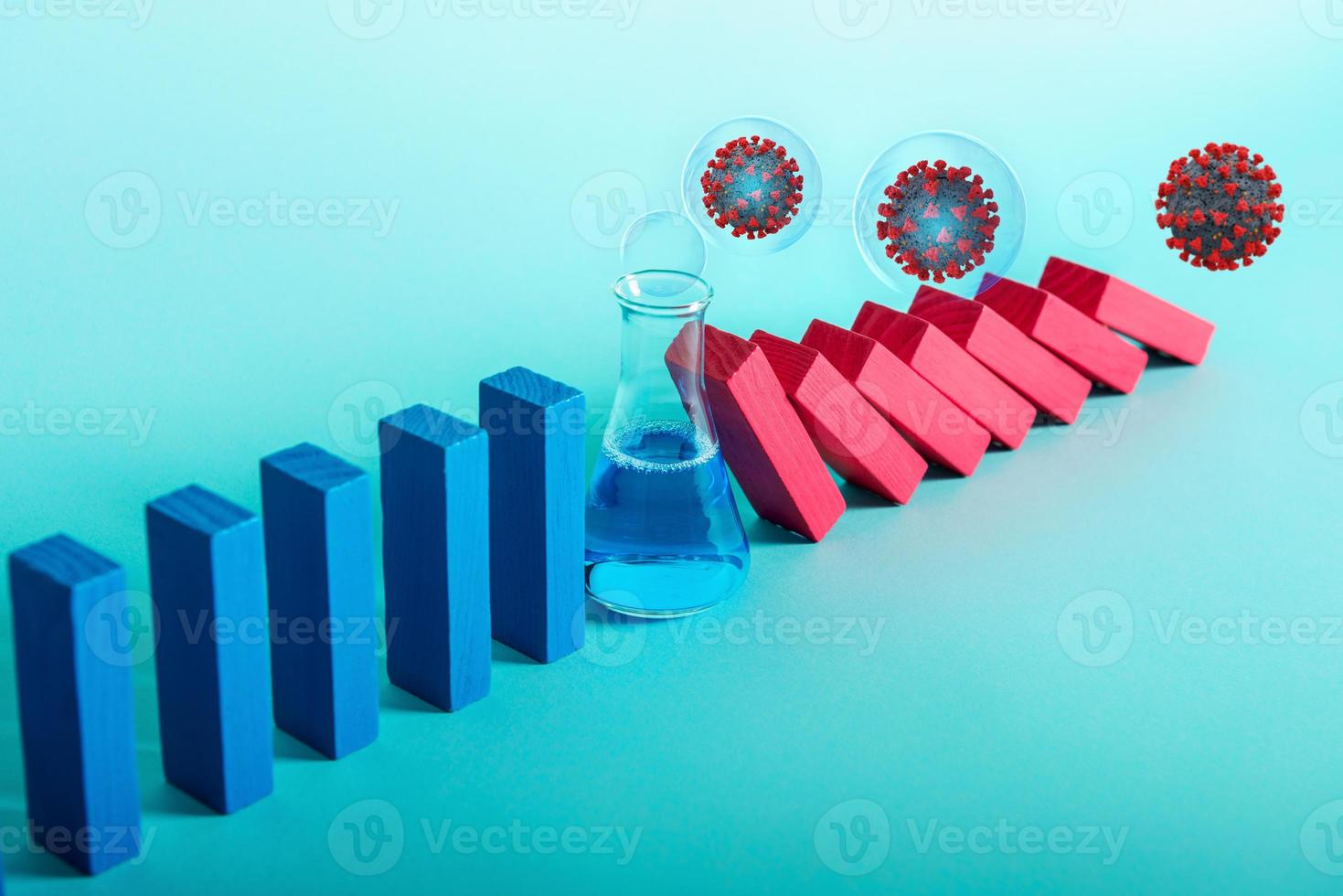 Concept of covid19 coronavirus pandemic with falling chain like a domino game. Contagion and infection progression stopped by a cure of medical research. Cyan background photo