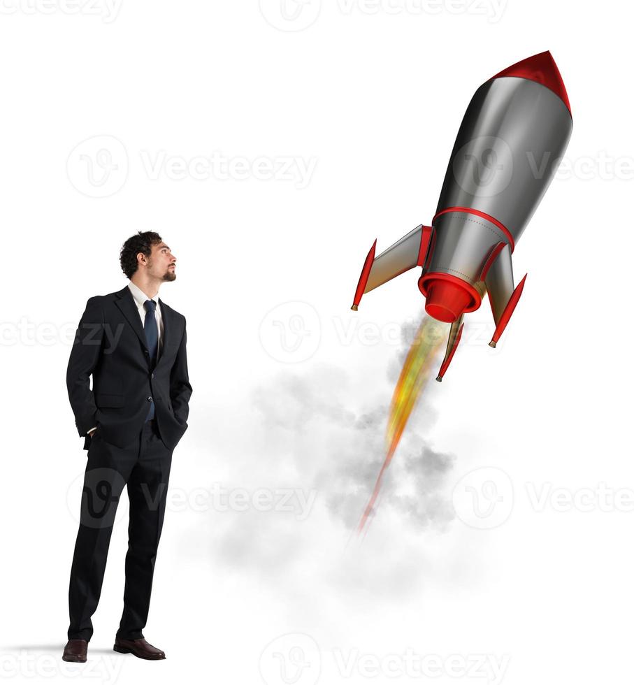 Startup of a new company with starting rocket. Concept of business growth photo