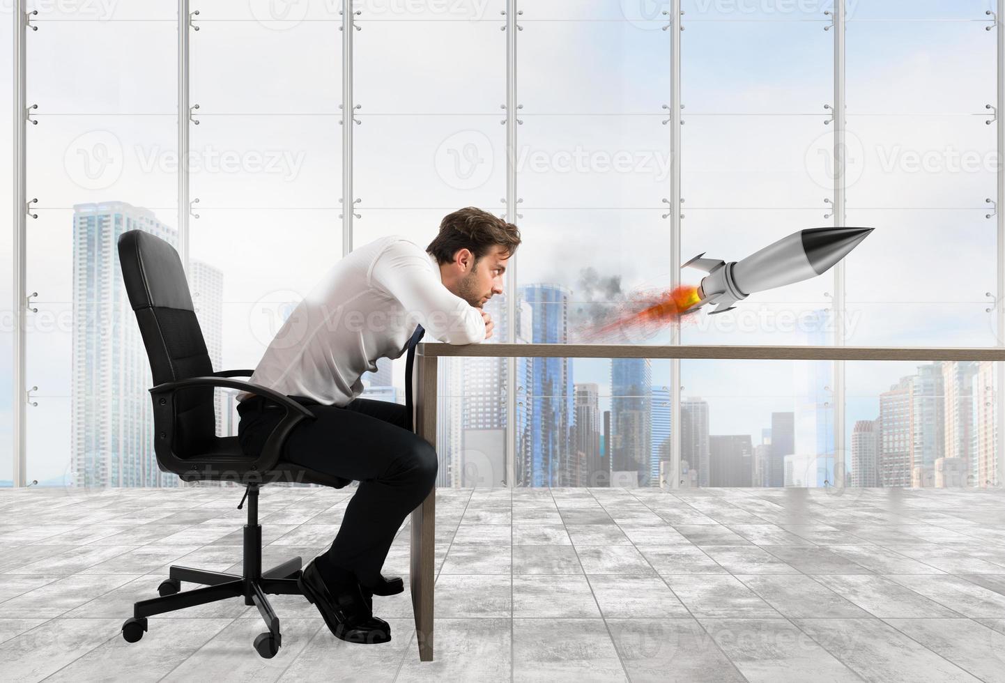 Startup of a new company with starting rocket. Concept of business growth photo