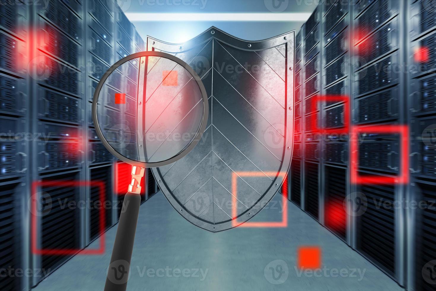 Concept of safety in a data center room with database server. 3D render photo