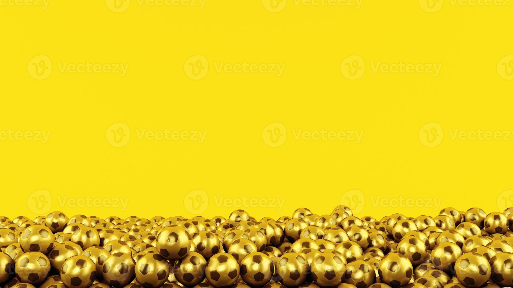 pila de dorado fútbol pelotas en amarillo antecedentes. 3d hacer foto