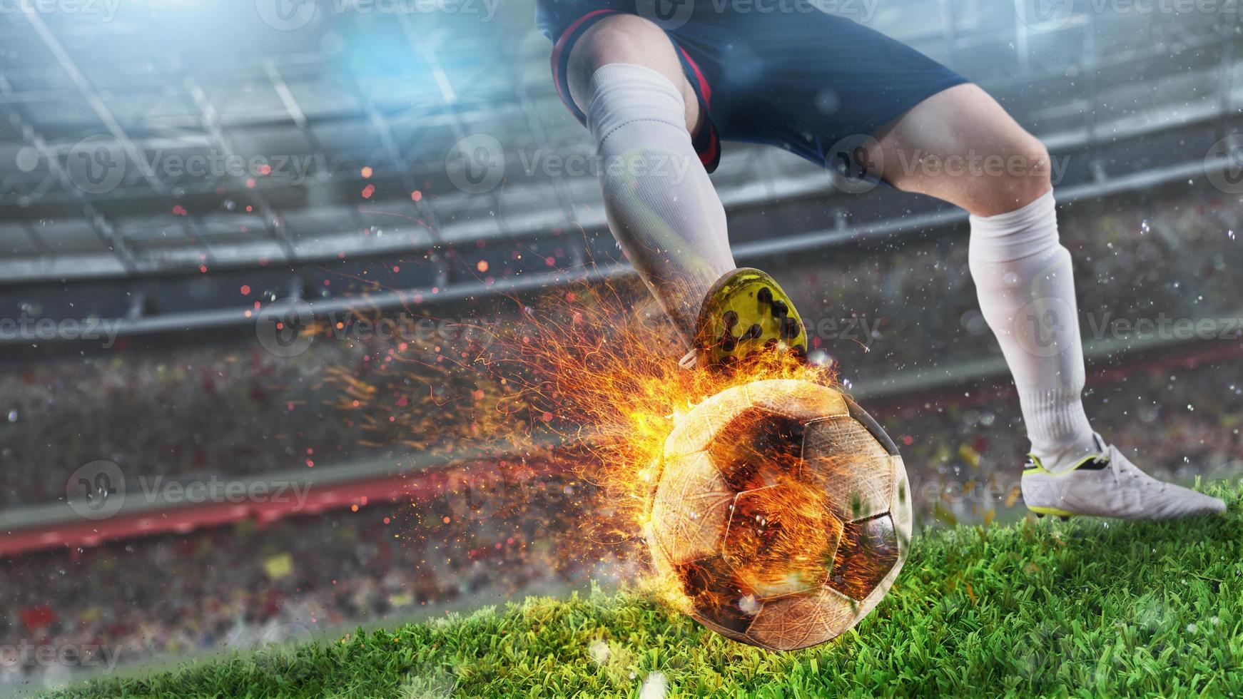 Powerful kick of a soccer player with fiery ball photo