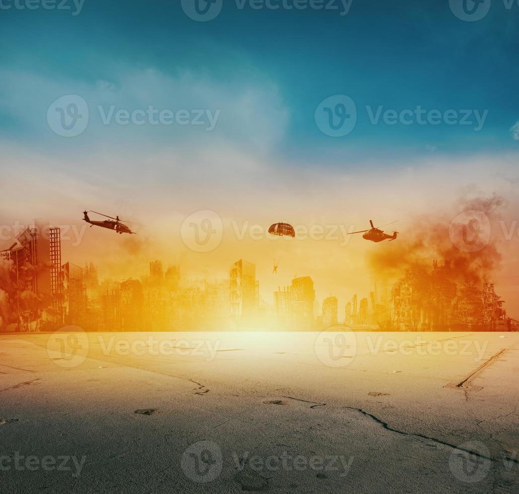 War background with destroyed city and ukraine color photo