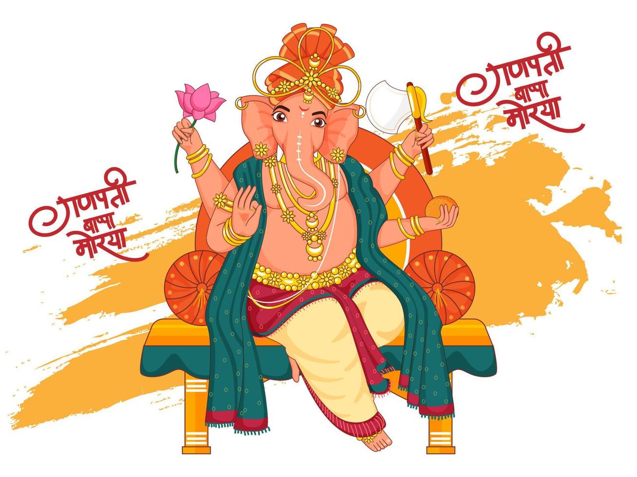 Hindi Text Ganpati Bappa Morya With Lord Ganesha Sculpture At Chowki Stool And Orange Brush Effect on White Background. vector