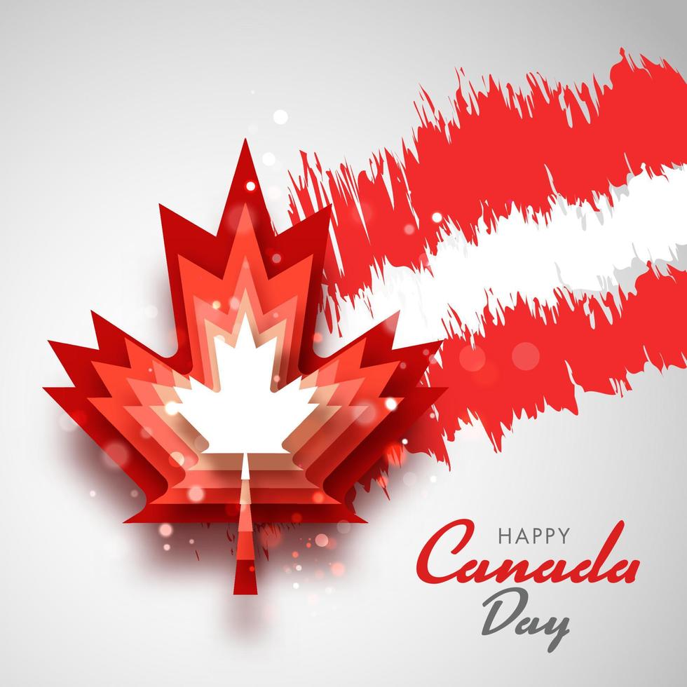 Happy Canada Day Concept with Red Paper Cut Layer Maple Leaf and Bokeh Lights Effect on Canadian Flag Color Paint Brush Background. vector