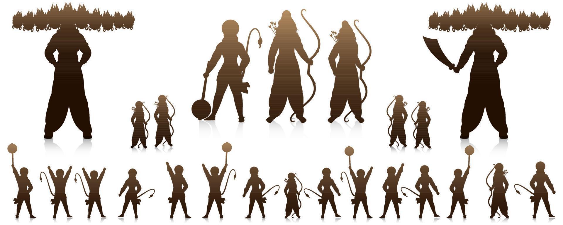 Silhouette Army of Lord Rama As Laxman, Hanuman, Vibhishana, Other Fighter Fighting with Demon Ravana on White Background. vector