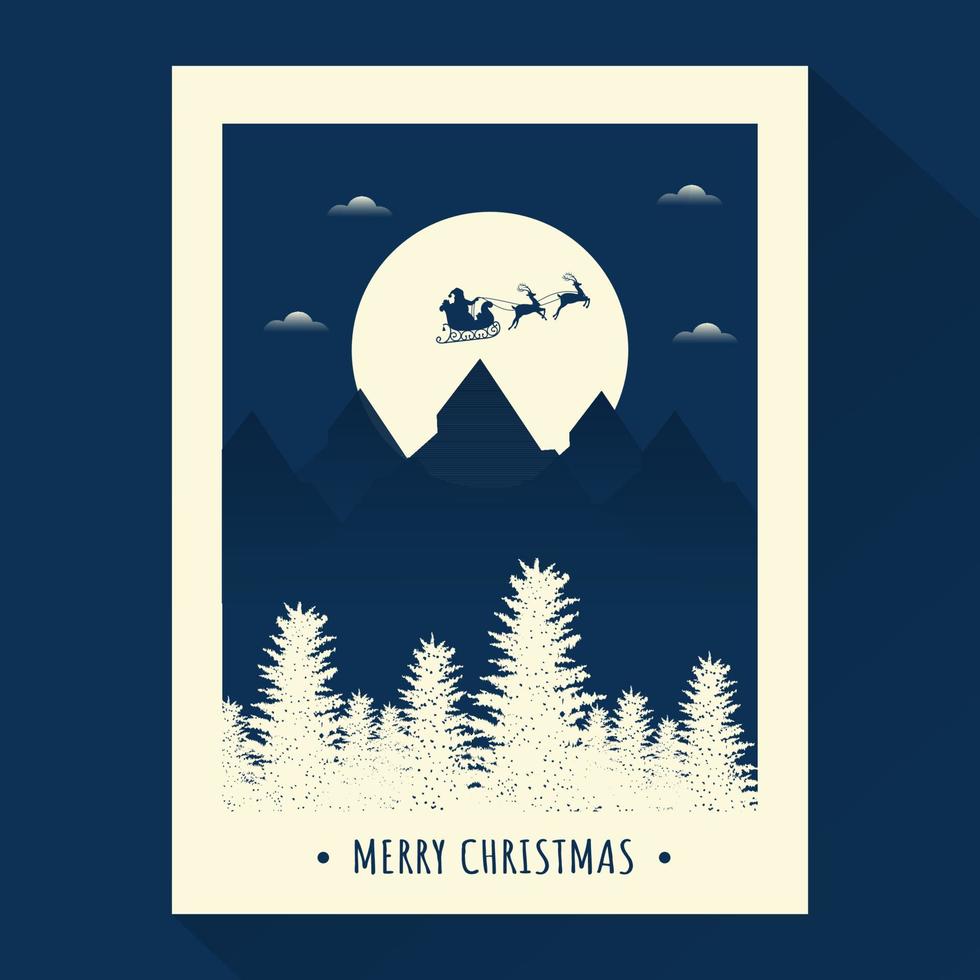 Merry Christmas Celebration Template Or Poster Design With Silhouette Santa Riding Reindeer Sleigh On Full Moon Landscape Background. vector