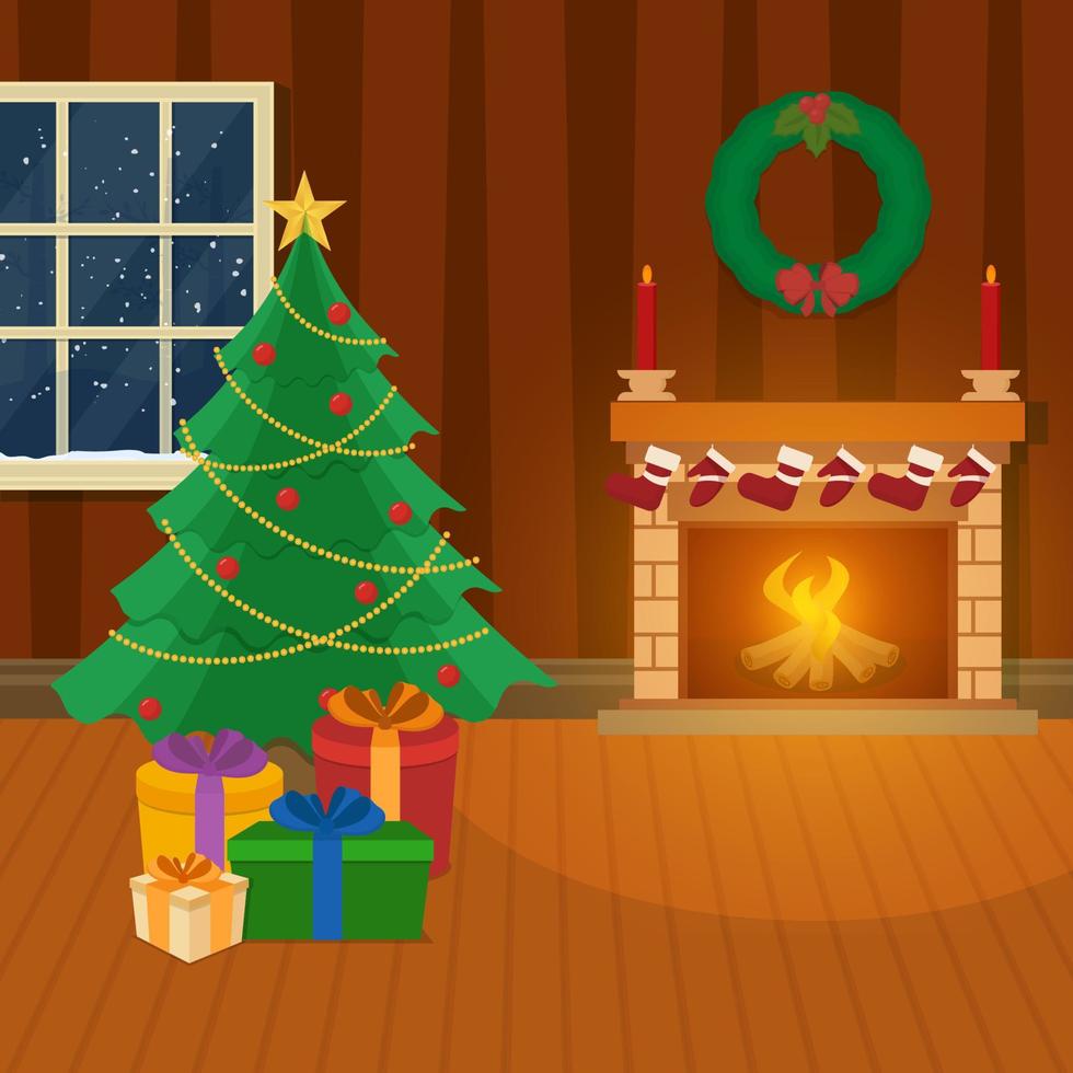 Decorative Xmas Tree With 3D Gift Boxes, Wreath And Fireplace On Brown Interior View Background. vector