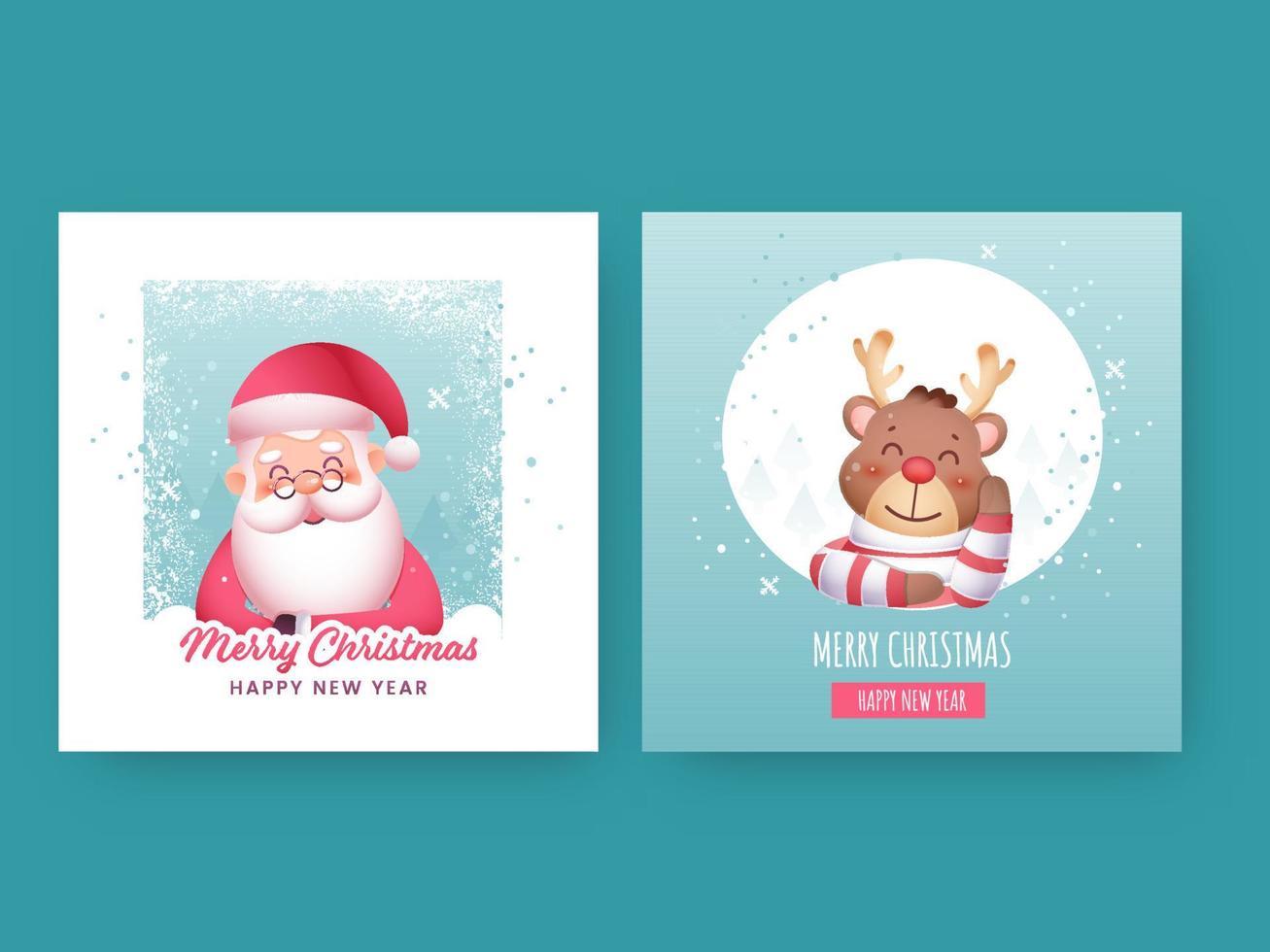 Two Color Options Of Merry Christmas Happy New Year Greeting Card With Cartoon Santa Claus, Reindeer Character. vector