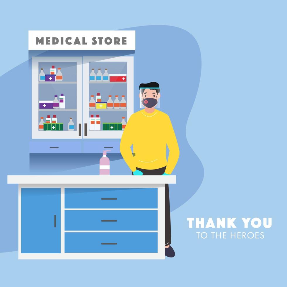 Pharmacist Man wear a Protective Mask with Face Shield and Sanitizer Bottle at Counter in Medical Store. vector