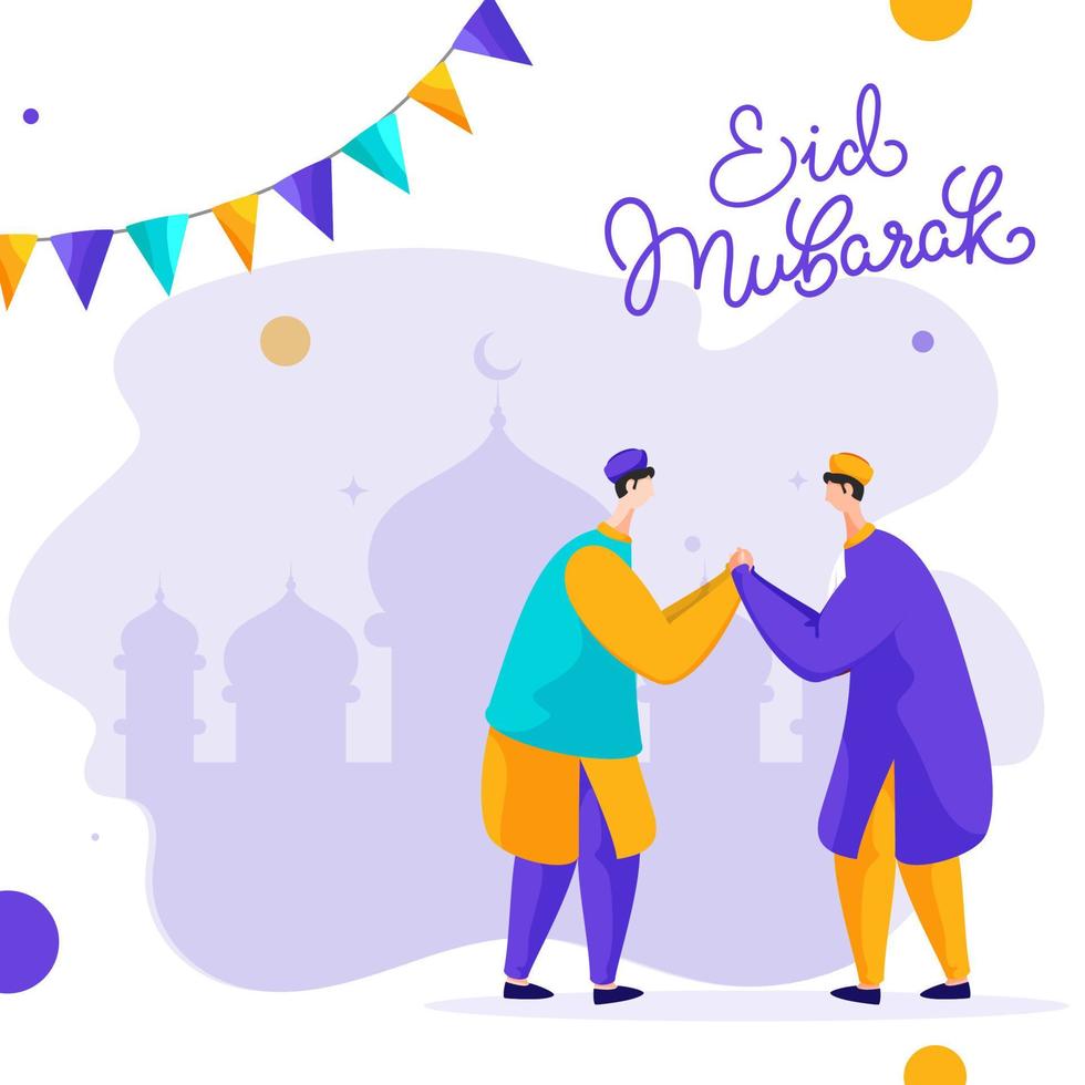 Calligraphy of Eid Mubarak Text with Cartoon Muslim Men Holding Hands Each Other on Purple Silhouette Mosque Background. vector