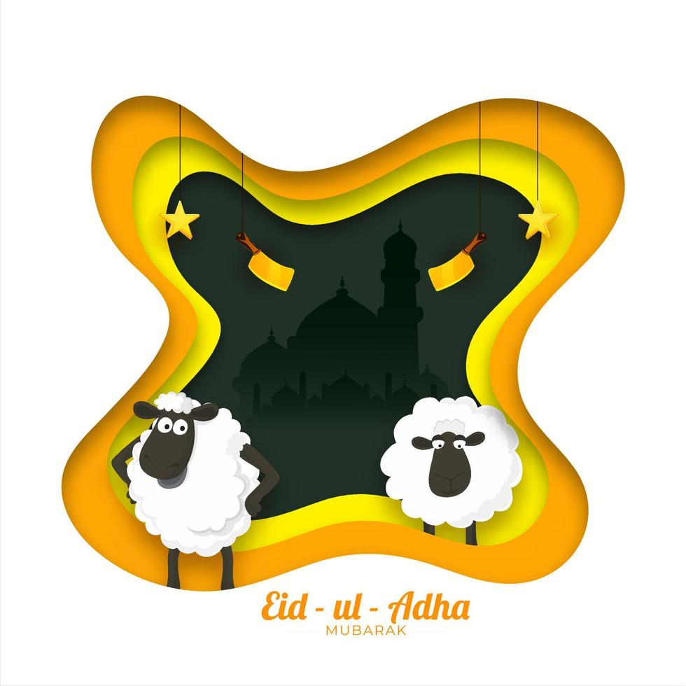 papel capa cortar antecedentes con silueta mezquita, colgando cuchilla de carnicero, estrellas y dos dibujos animados oveja para eid-ul-adha Mubarak concepto. vector