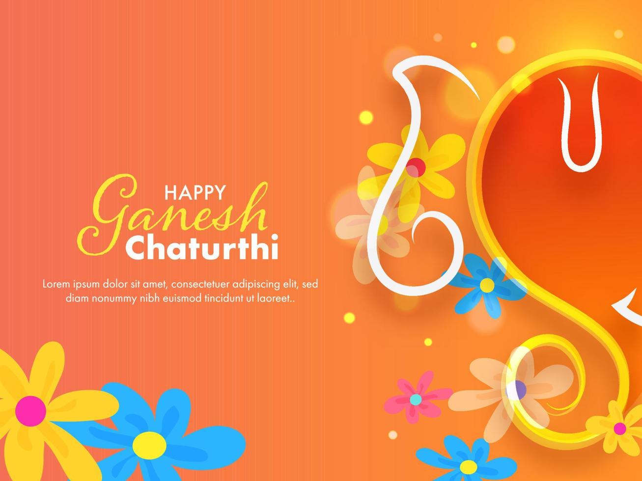 Line Art Lord Ganesha Face With Colorful Flowers Decorated On Glossy Orange Background For Happy Ganesh Chaturthi. vector