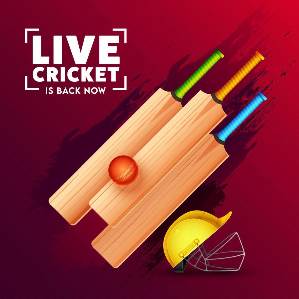 Live Cricket Is Back Now Poster Design with Realistic Bats, Red Ball, Helmet and Purple Brush Stroke Effect on Red Background. vector