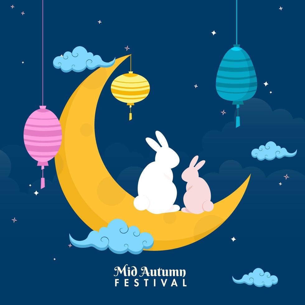 Silhouette Bunnies Sitting at Crescent Moon with Clouds and Hanging Lanterns Decorated Blue Background for Mid Autumn Festival Celebration. vector