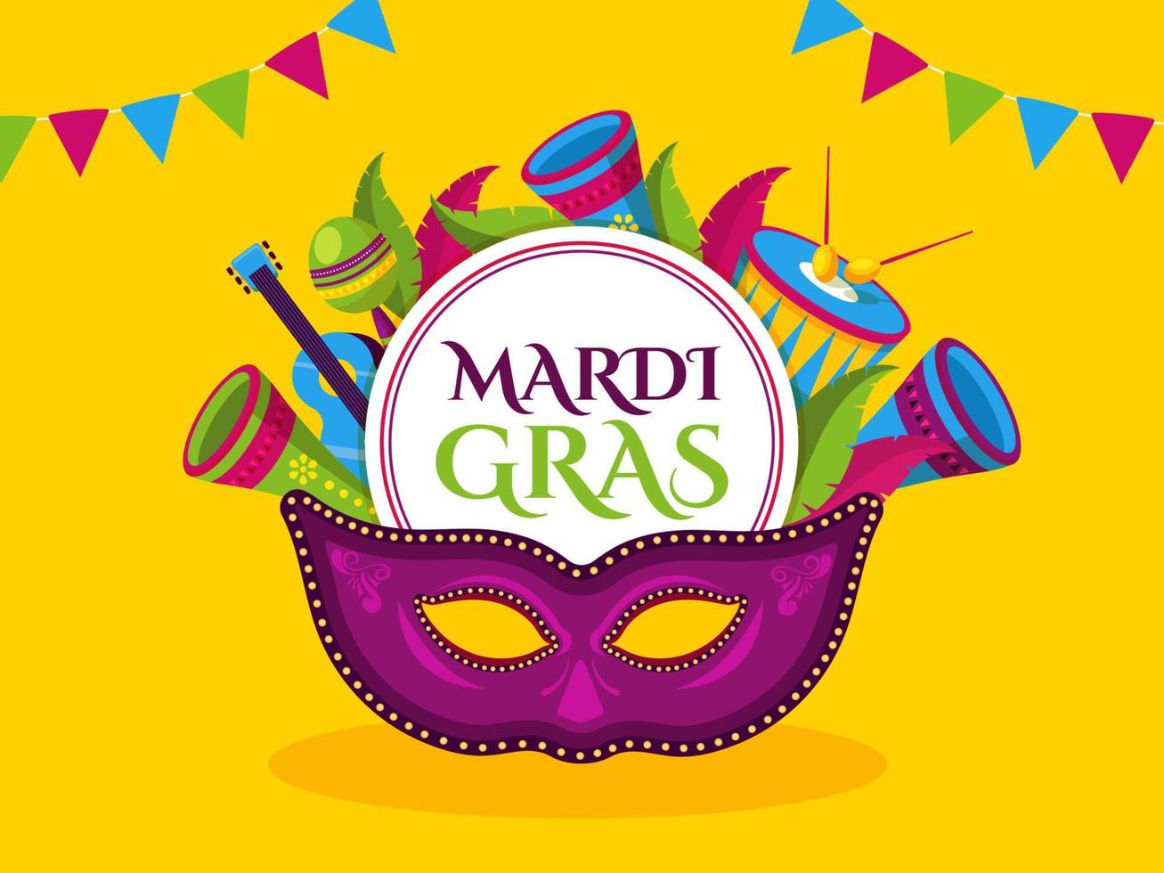 Mardi Gras Text in Circular Frame with Party Mask, Feather and Music Instruments on Yellow Background. vector