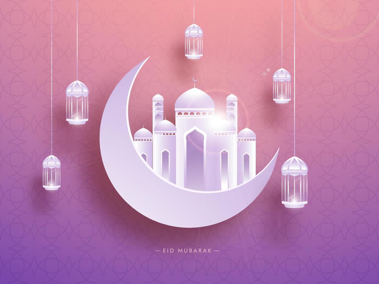 White crescent moon, mosque and hanging lanterns on pink background. Islamic festival of celebration, Eid Mubarak concept. vector
