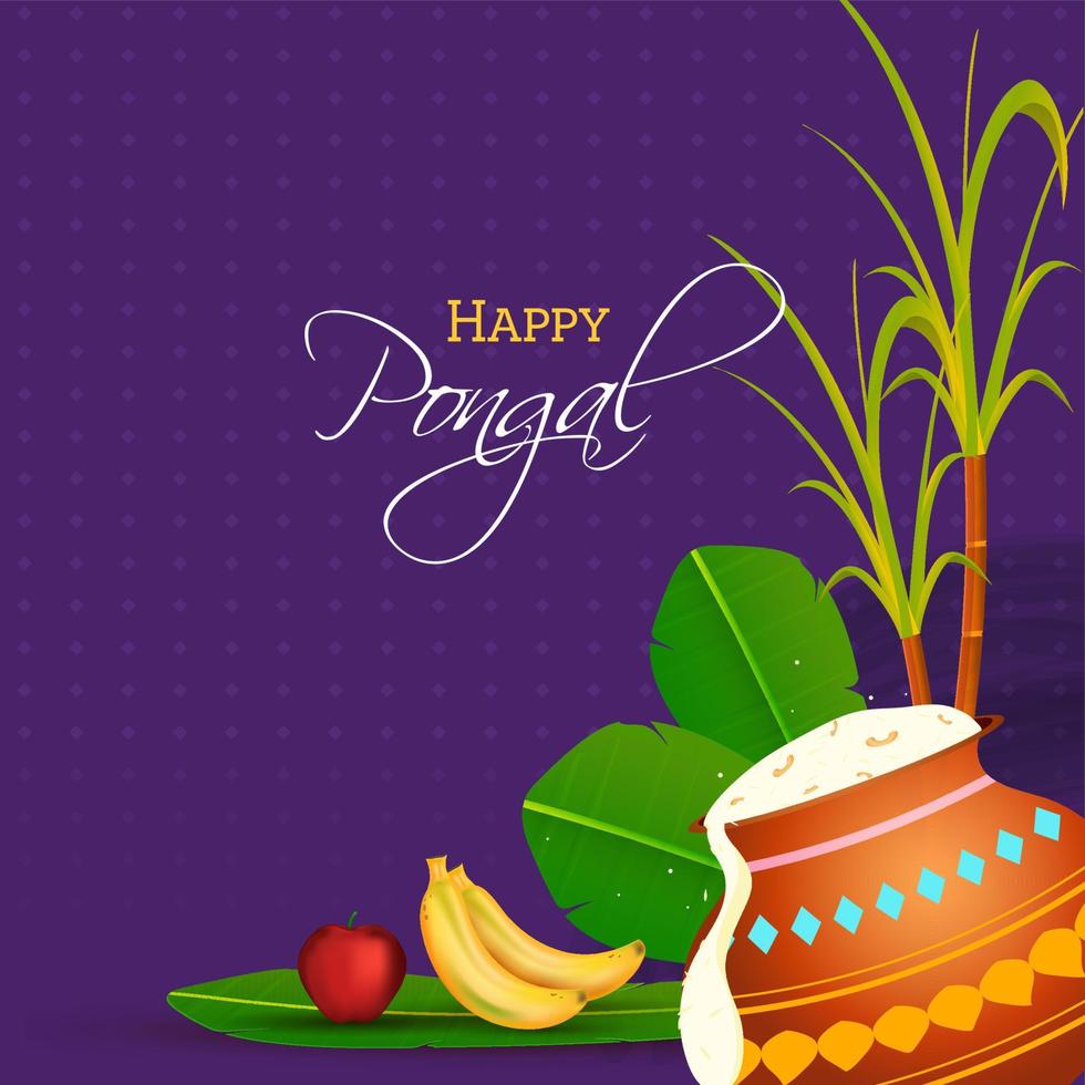 Illustration Of Pongali Rice In Mud Pot With Banana Leaves, Fruits And Sugarcane On Purple Background For Happy Pongal Festival. vector