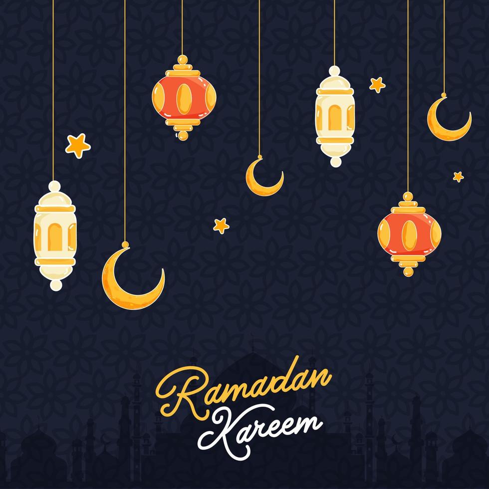 Ramadan Kareem Font with Hanging Lanterns, Crescent Moon and Stars Decorated on Grey Mosque Islamic Pattern Background. vector