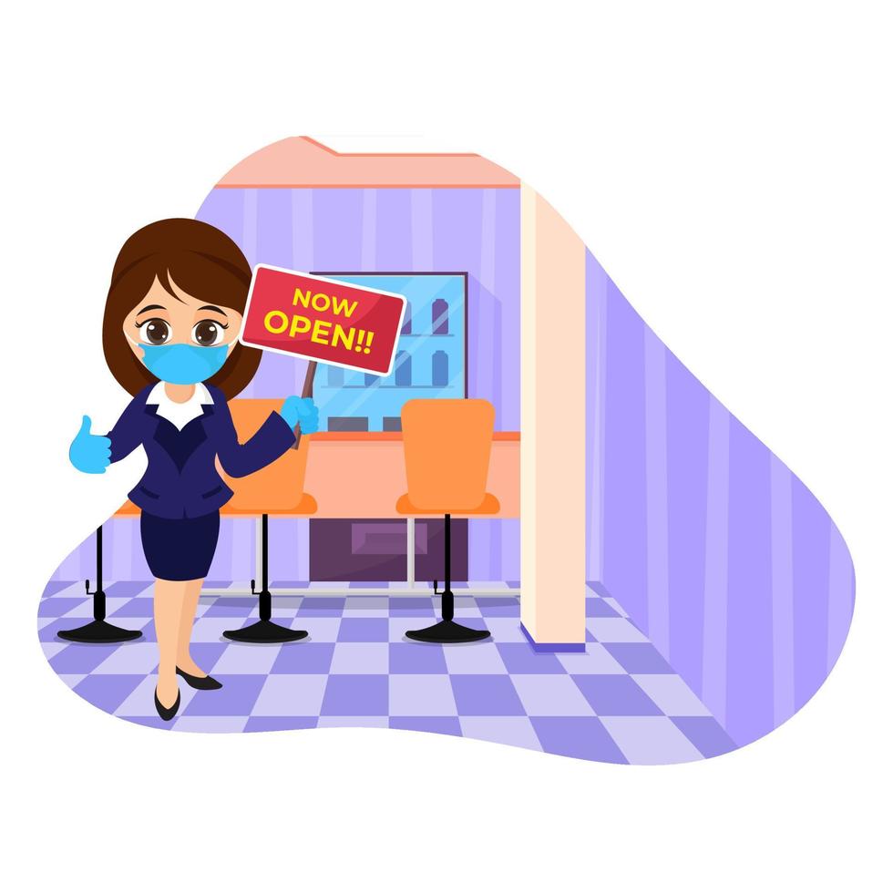 Modern Girl wear protect mask with gloves and holding a Now Open Board on Restaurant. vector