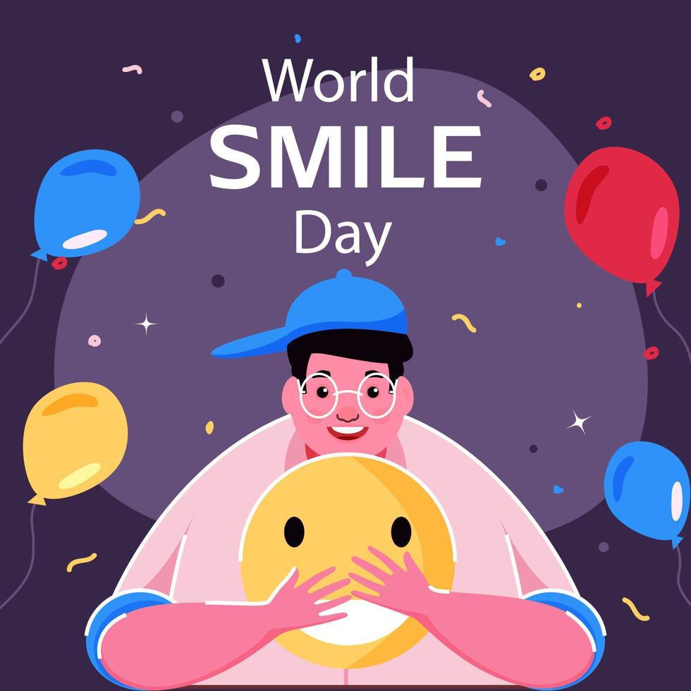Illustration of Cheerful Young Man Holding Emoji with Balloons and Confetti Decorated on Purple Background for World Smile Day. vector