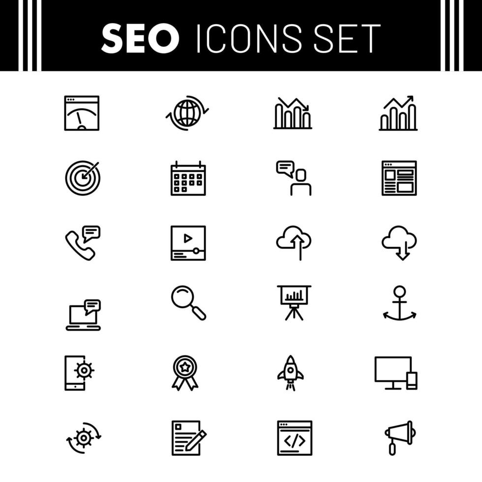 Line art Seo icon set on white background. vector