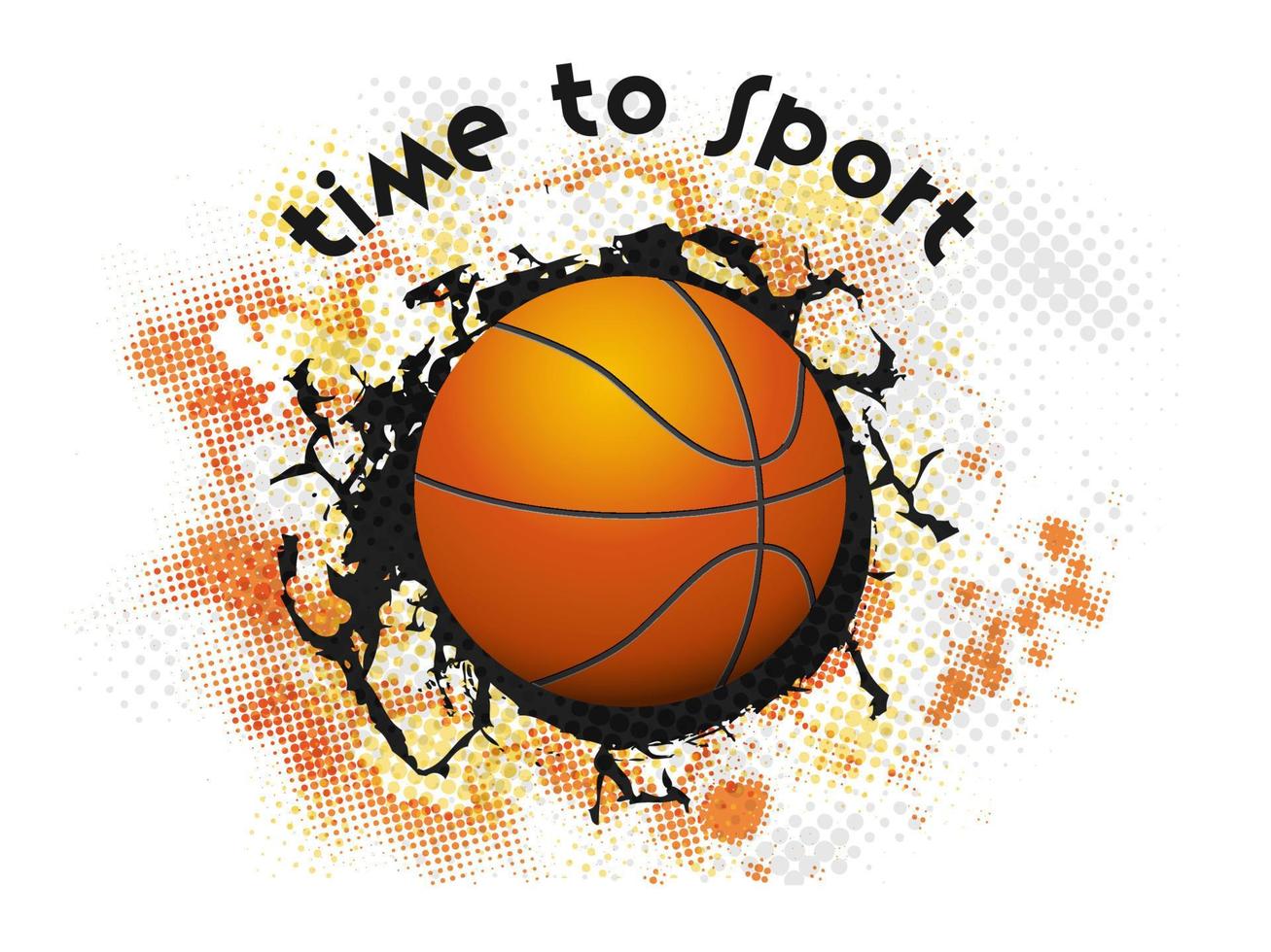 Realistic Basketball on Black Crack Halftone Effect Background for Time to Sport. vector